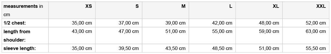 BK Rovinka size chart - kids hoodie
