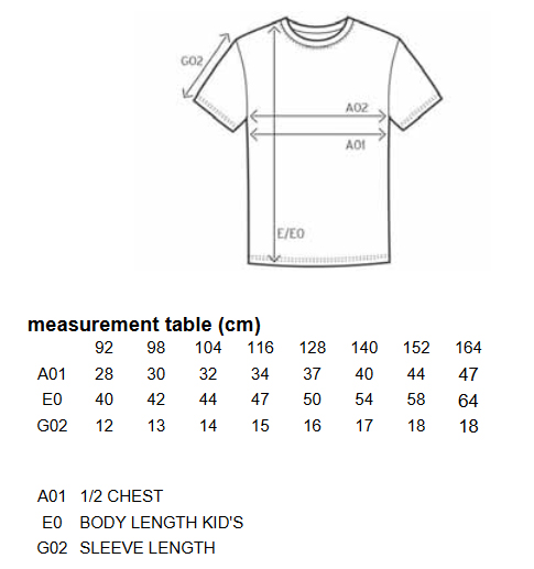 BK Rovinka size chart - kids tshirt