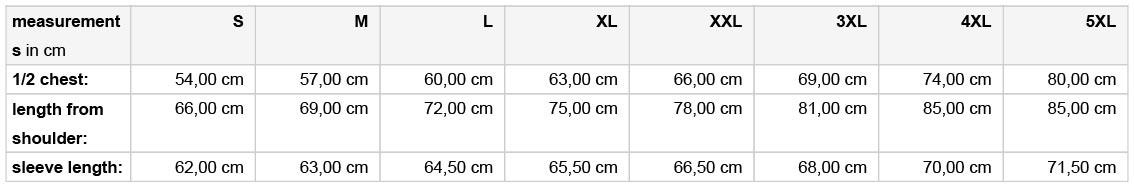 BK Rovinka size chart - mens hoodie