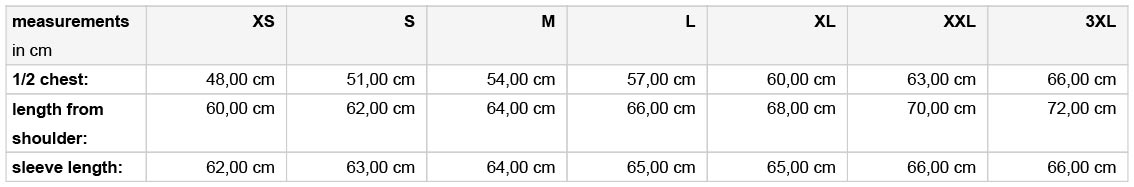 BK Rovinka size chart - womens hoodie